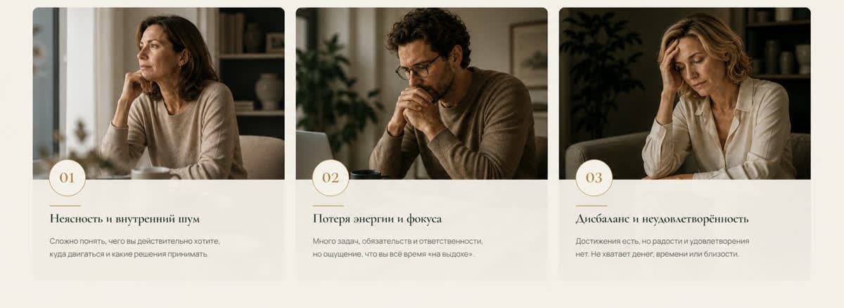 Визуальный блок о типичных внутренних состояниях: неясность, потеря фокуса и неудовлетворённость.